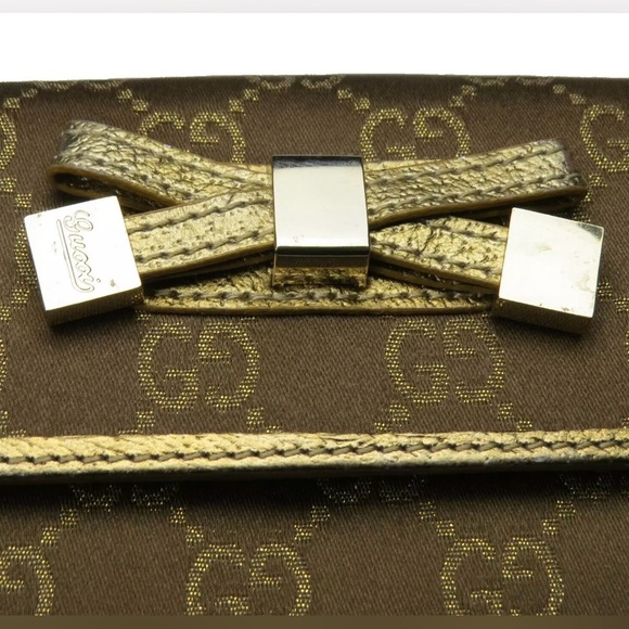 Gucci Princy Long Trifold Flap Wallet Gold Metallic and Brown GG Monogram Bow - Picture 16 of 17